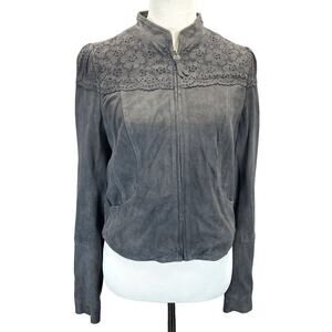 Anthropologie Elevenses Women Sz 8 Gray Suede Jacket Eyelet Cut Out Detail Zip